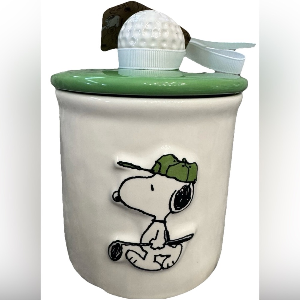 RAE DUNN PEANUTS GOLF CANISTER “TEE TIME” SNOOPY GOLFER & GOLF BALL TOPPER NEW